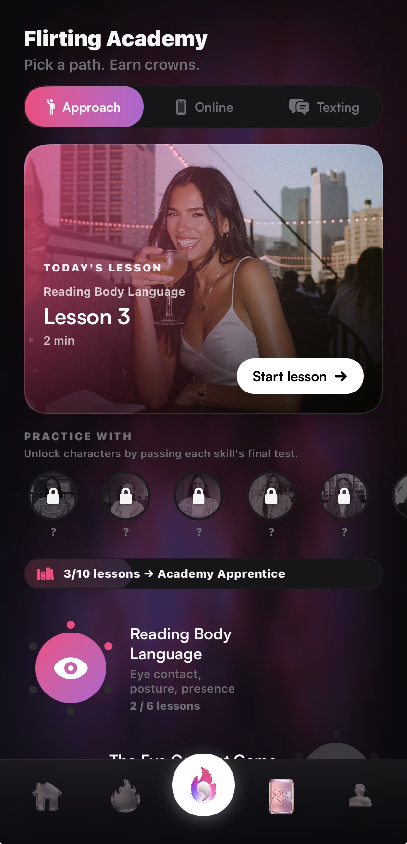Flirting Academy screen showing three path tabs — Approach, Online, Texting — with a Today's Lesson card for Reading Body Language and a progress pill showing 3 of 10 lessons toward Academy Apprentice