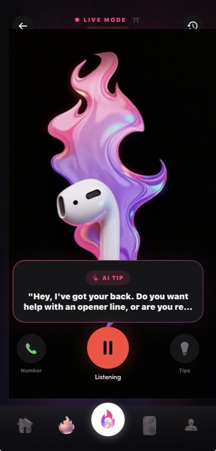 RizzAgent AI Earbud Mode Live Mode screen showing an AI Tip whispered while the app is listening during a conversation