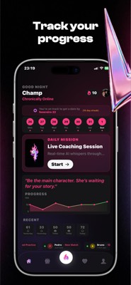 RizzAgent AI home screen showing session progress and coaching history