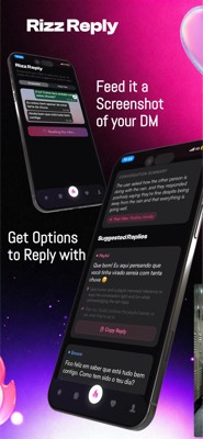 RizzReply showing Suggested Replies with a Copy Reply button after reading a DM screenshot